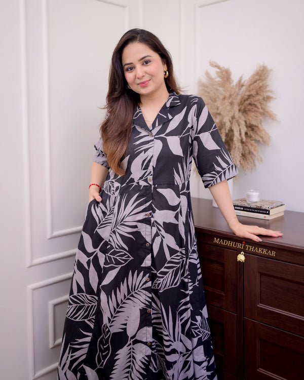 Black Grey Botanical Cotton A Line Dress