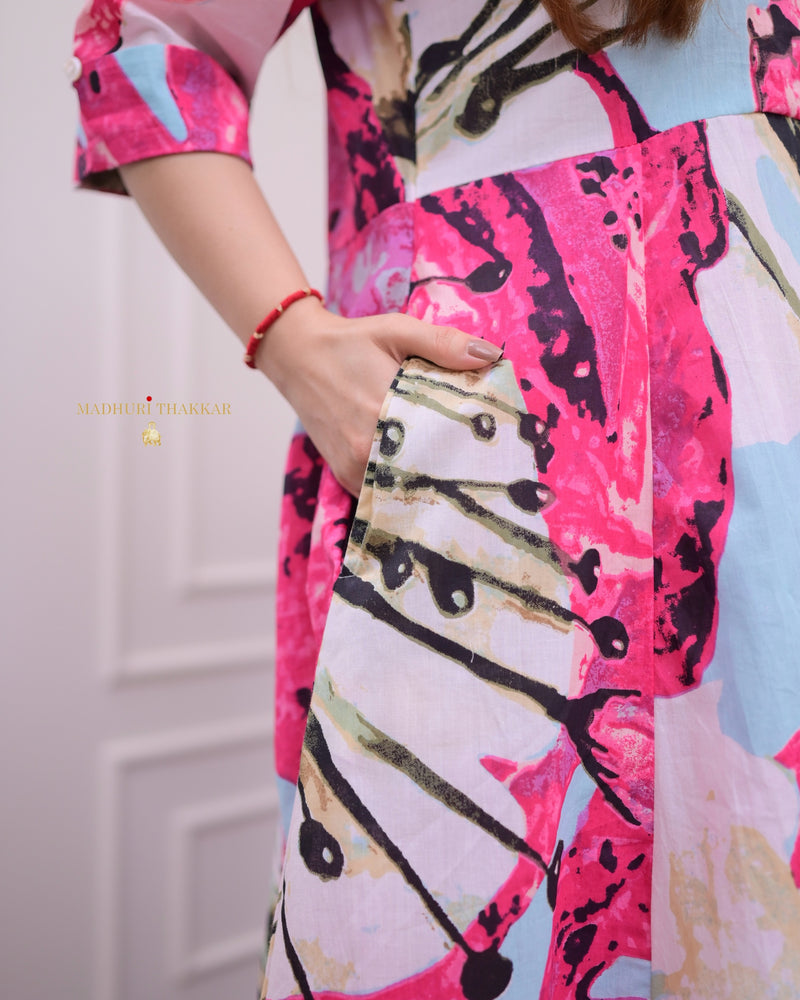 Pink Blue Abstract Cotton A Line Dress