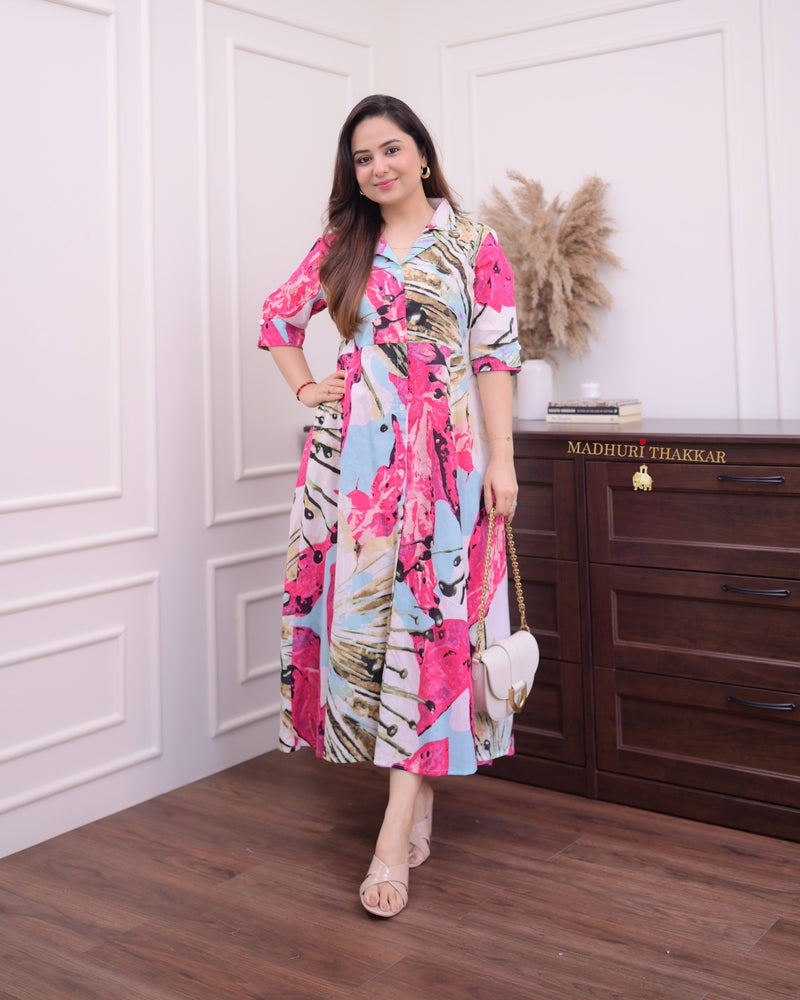 Pink Blue Abstract Cotton A Line Dress