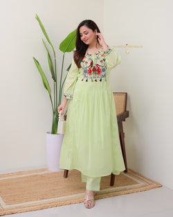 Mint Green Threadwork Mul Cotton A Line Kurta Set