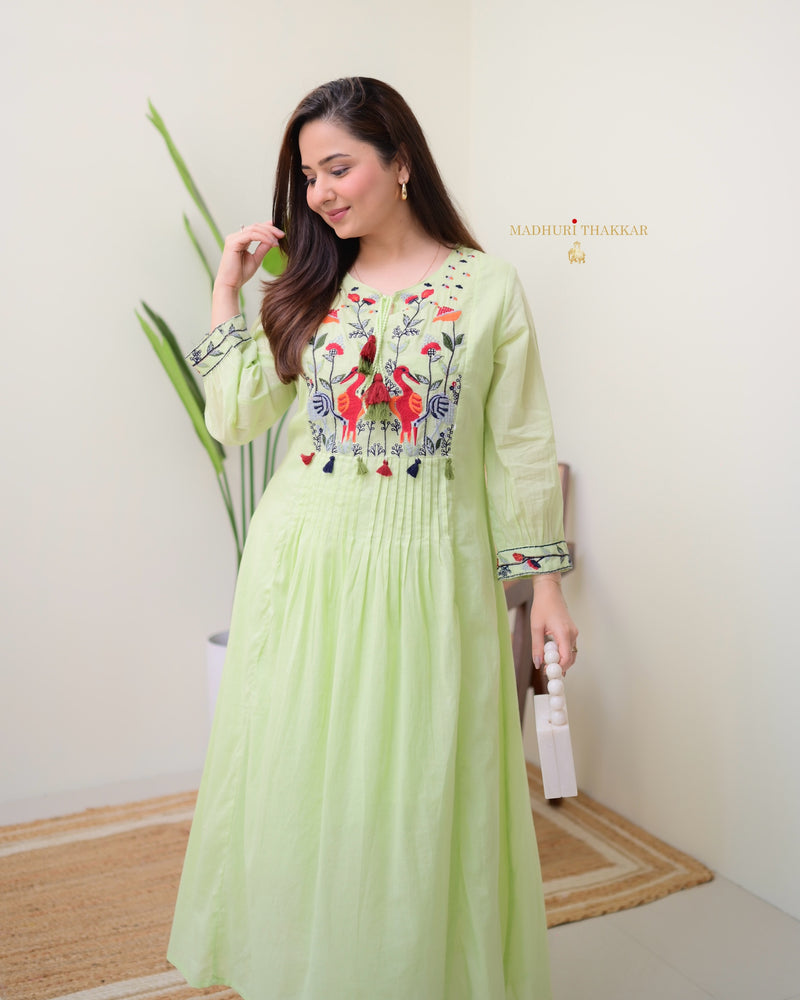 Mint Green Threadwork Mul Cotton A Line Kurta Set