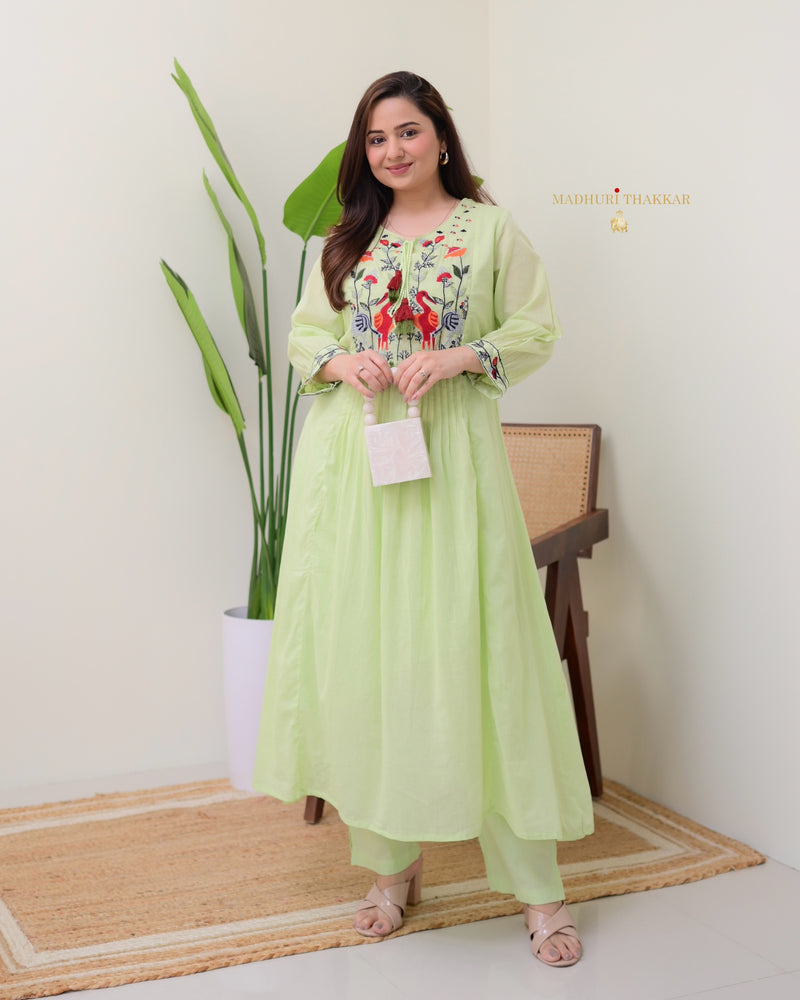 Mint Green Threadwork Mul Cotton A Line Kurta Set