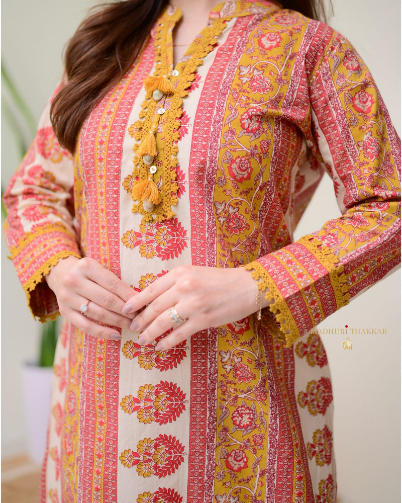 Mustard Yellow Cotton Printed Pakistani Suit