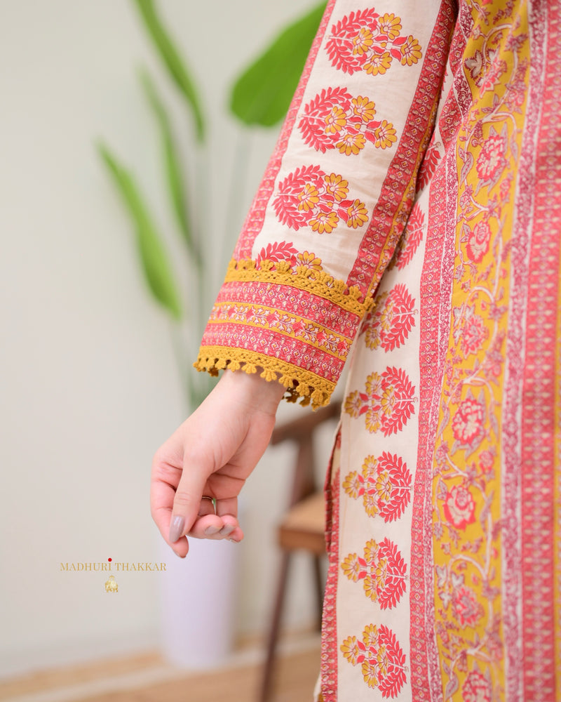 Mustard Yellow Cotton Printed Pakistani Suit