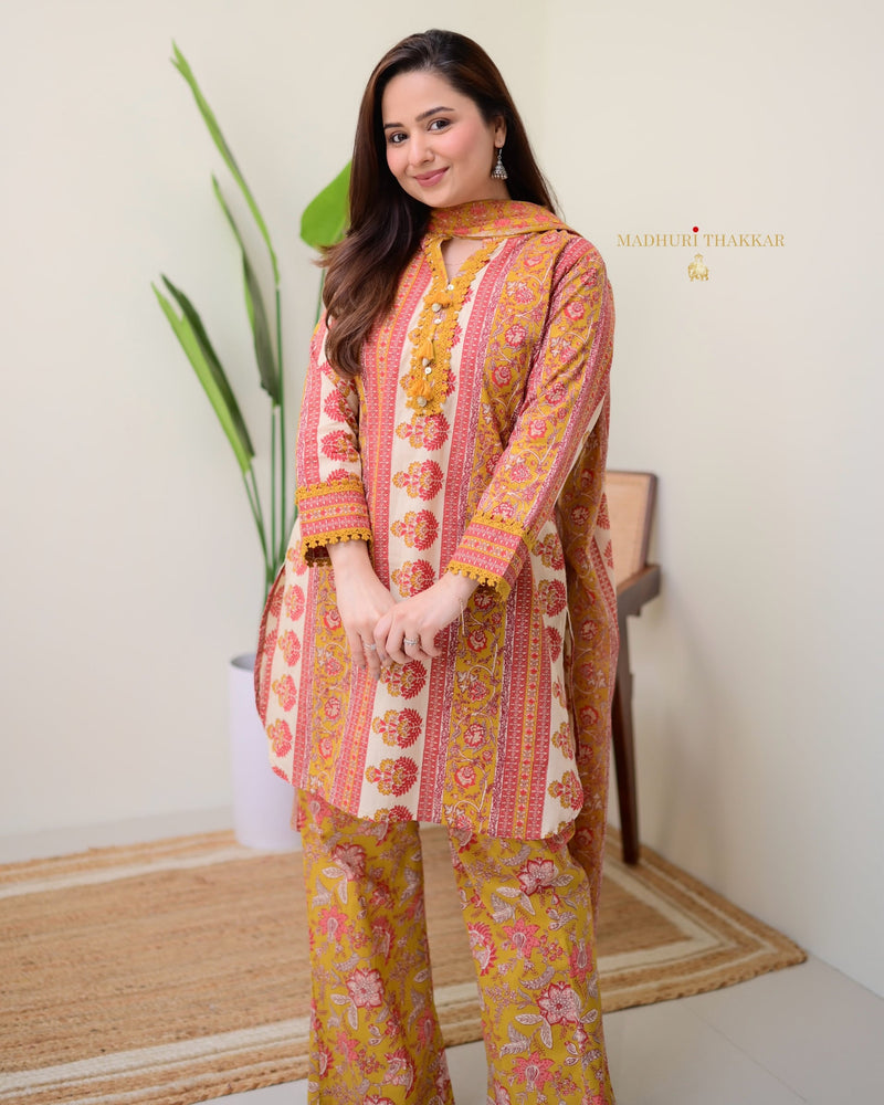 Mustard Yellow Cotton Printed Pakistani Suit