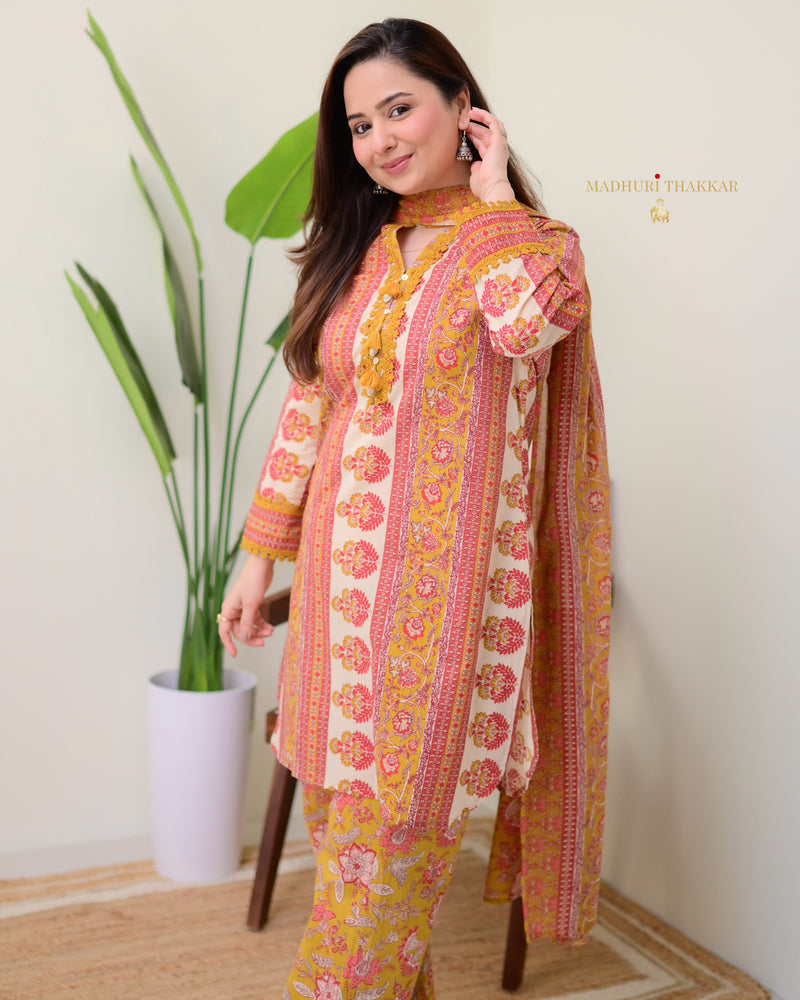 Mustard Yellow Cotton Printed Pakistani Suit