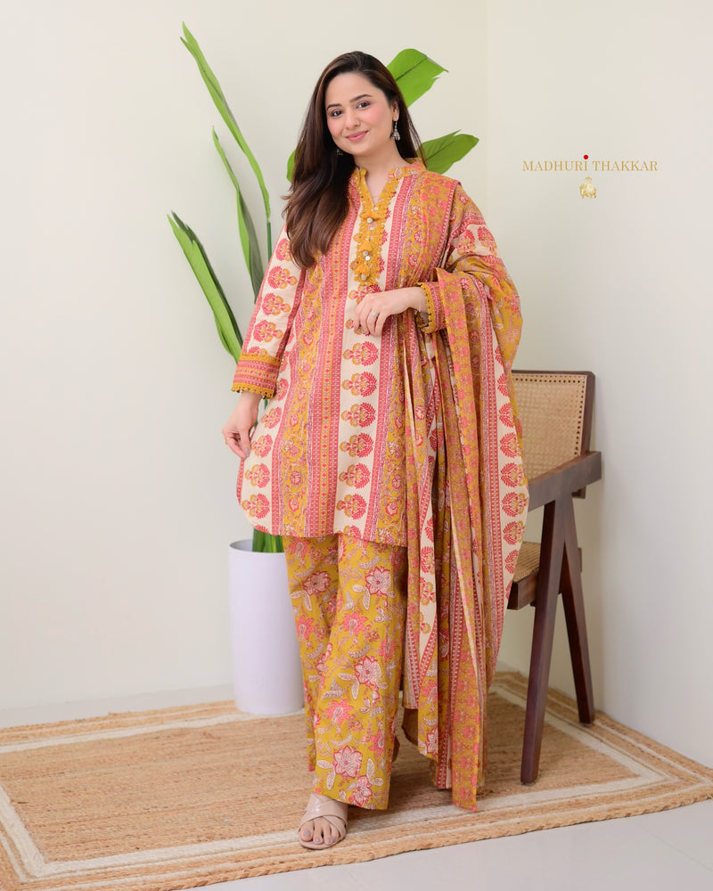 Mustard Yellow Cotton Printed Pakistani Suit