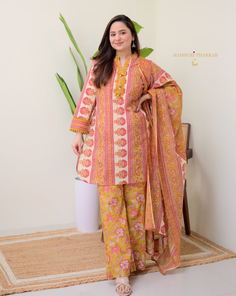 Mustard Yellow Cotton Printed Pakistani Suit