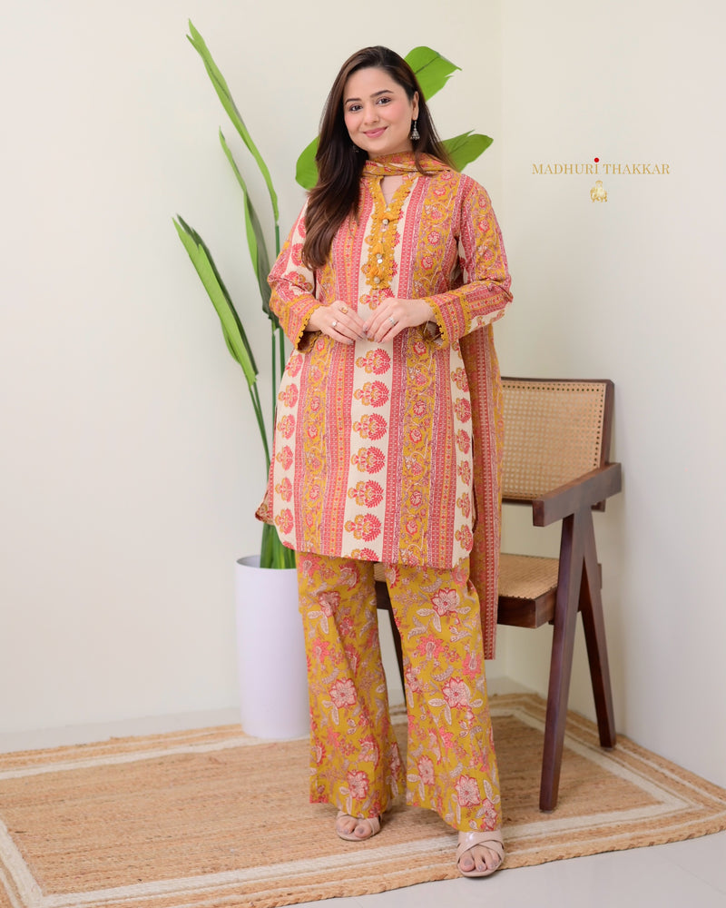 Mustard Yellow Cotton Printed Pakistani Suit