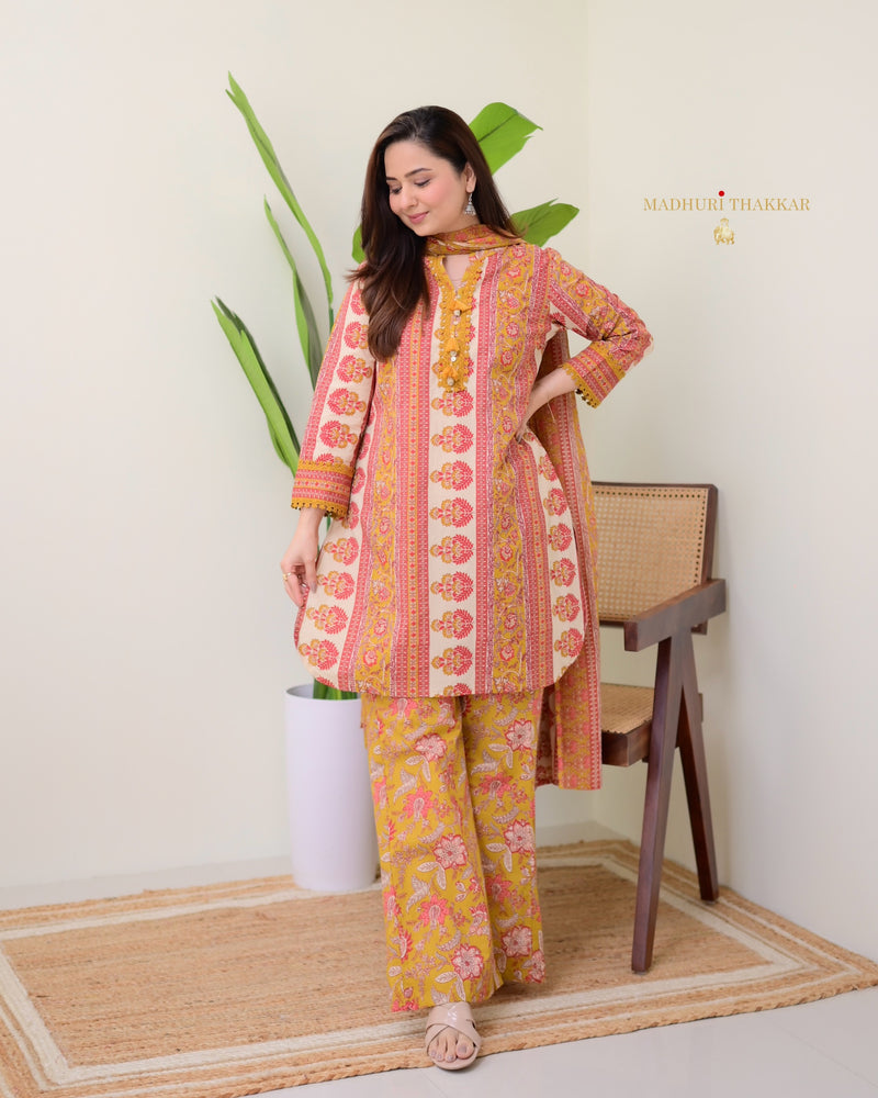 Mustard Yellow Cotton Printed Pakistani Suit