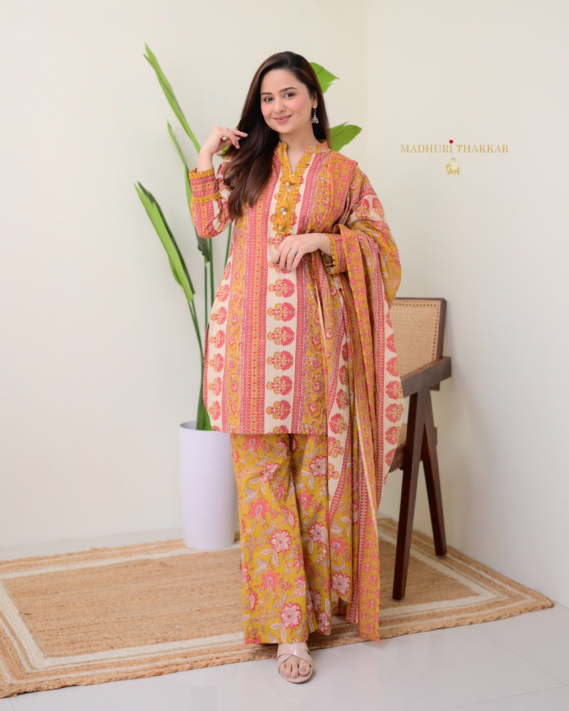 Mustard Yellow Cotton Printed Pakistani Suit