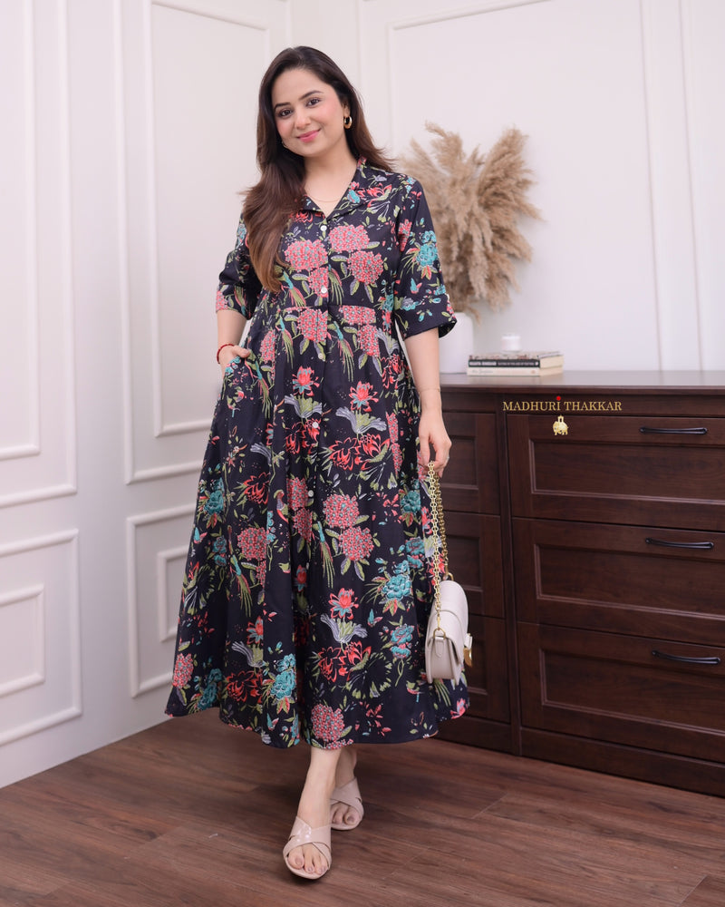 Black-Pink Bouquet Cotton A Line Dress