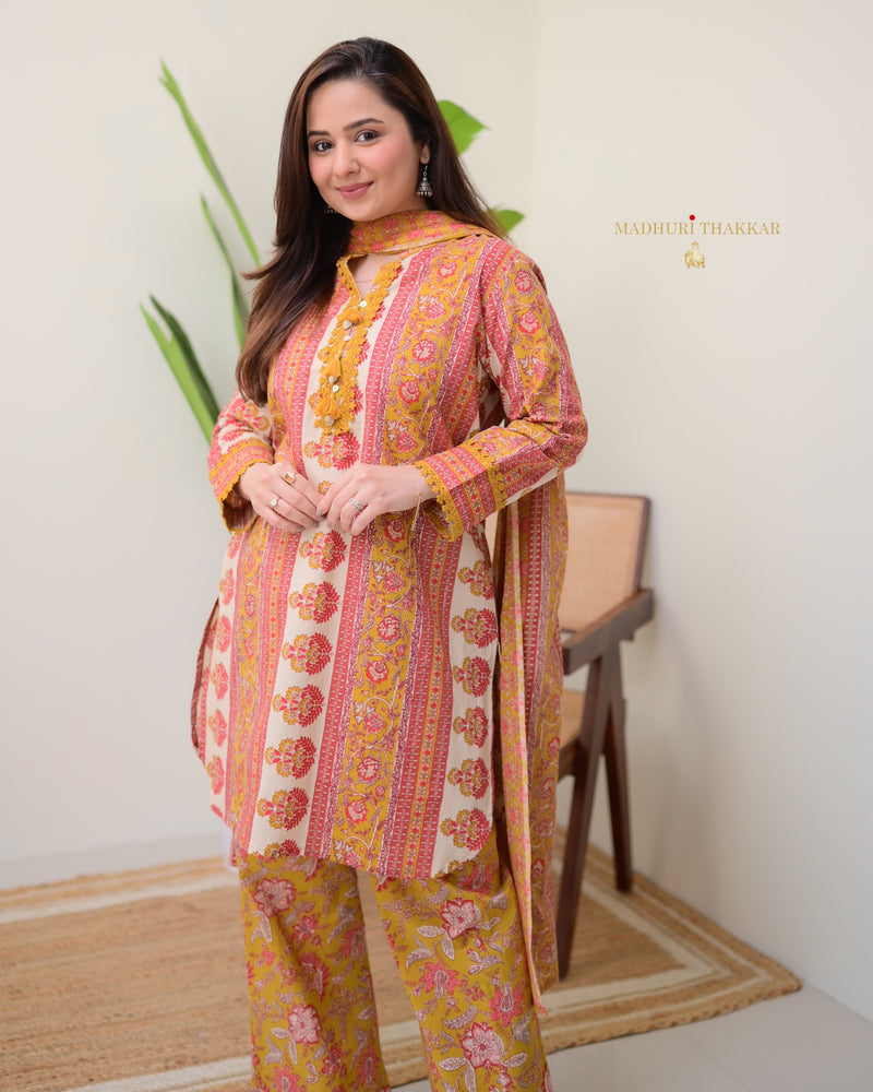 Mustard Yellow Cotton Printed Pakistani Suit