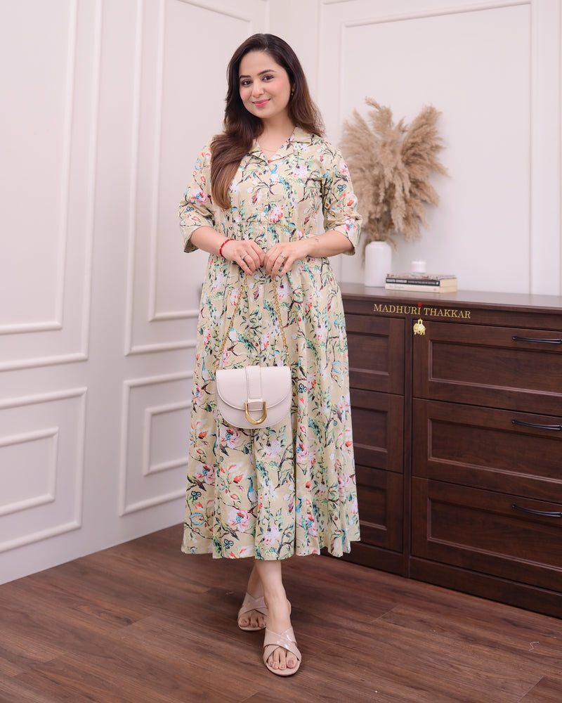 Bisque Floral A Line Cotton Dress