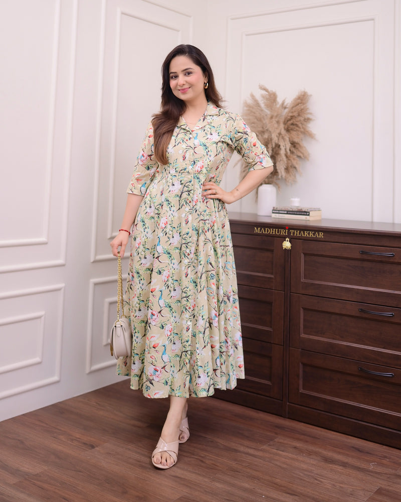 Bisque Floral A Line Cotton Dress