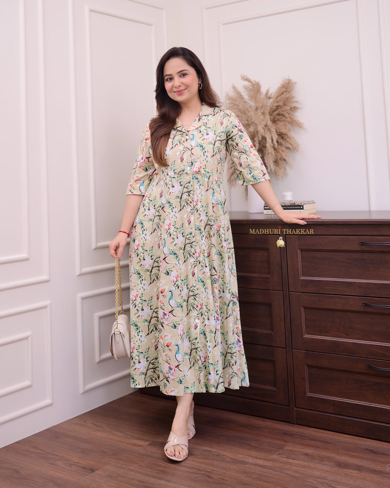 Bisque Floral A Line Cotton Dress