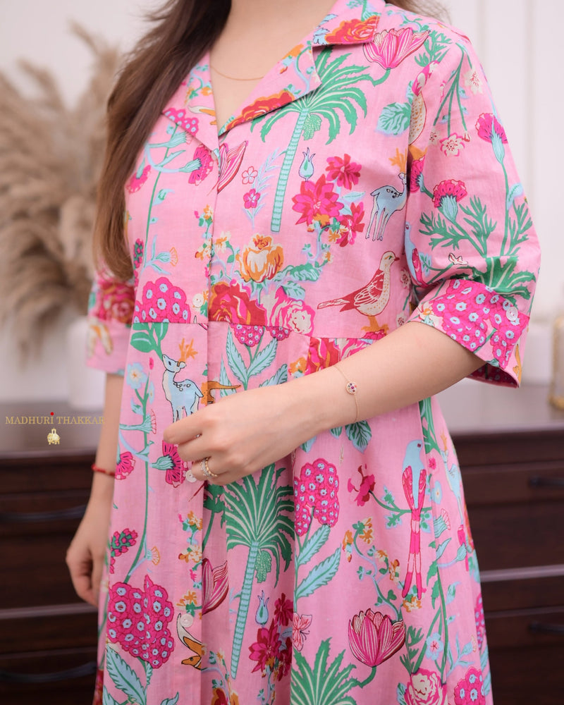 Baby Pink Multi Floral Cotton A Line Dress