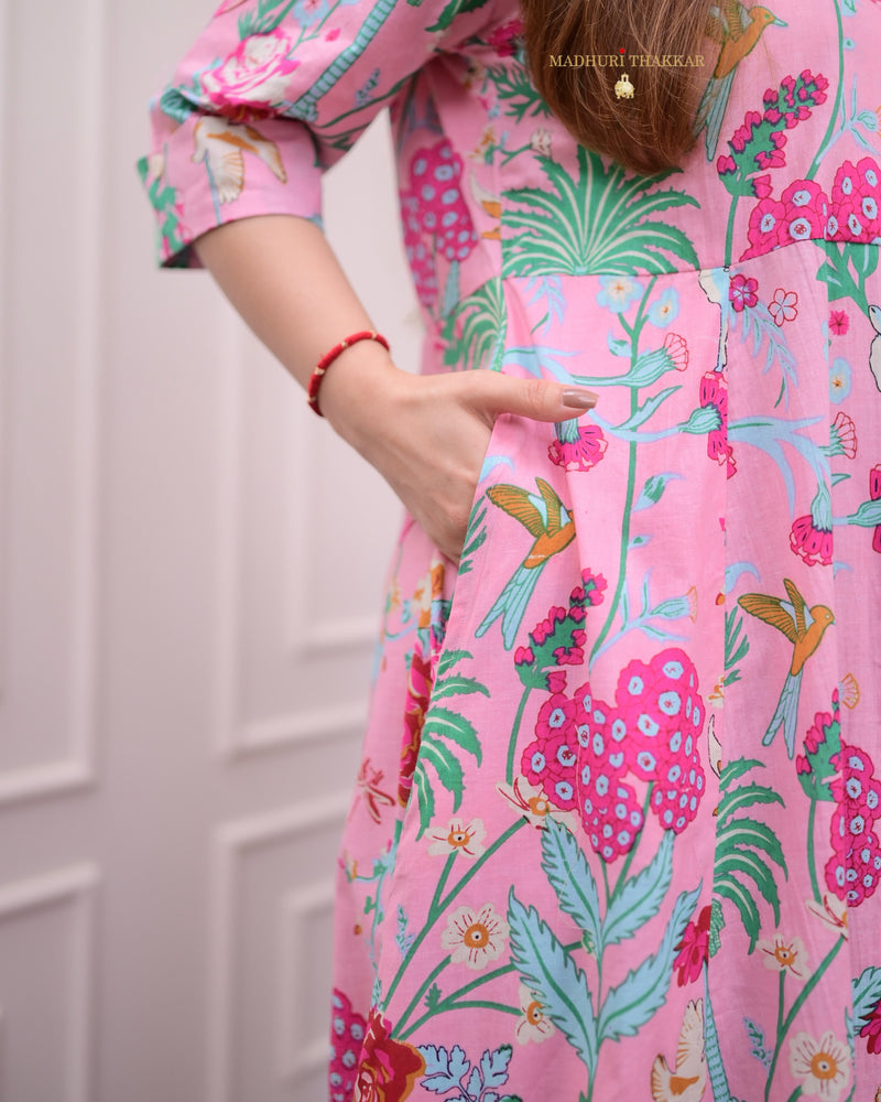 Baby Pink Multi Floral Cotton A Line Dress