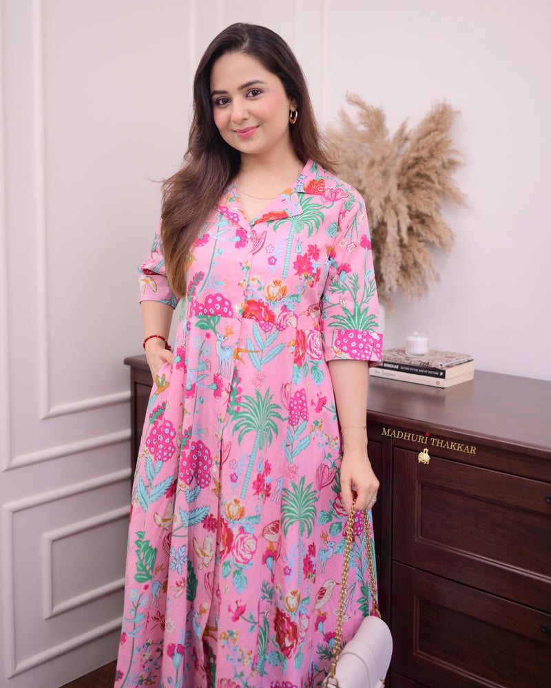 Baby Pink Multi Floral Cotton A Line Dress