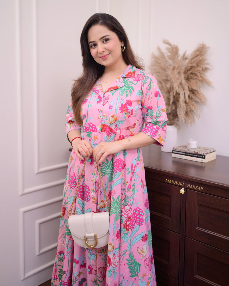 Baby Pink Multi Floral Cotton A Line Dress