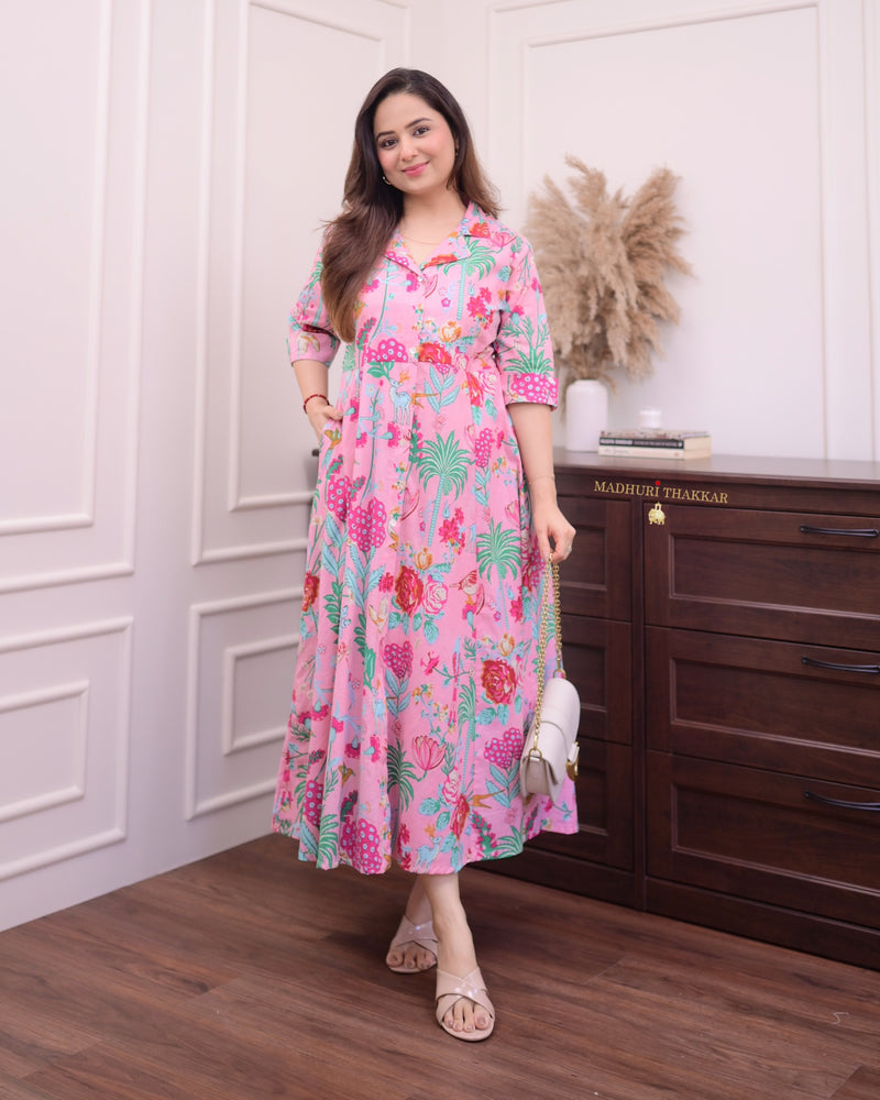 Baby Pink Multi Floral Cotton A Line Dress