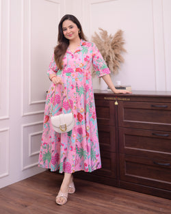 Baby Pink Multi Floral Cotton A Line Dress