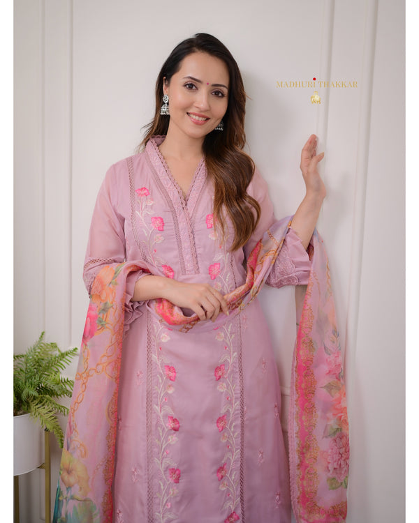 Mauve A Line Organza Pakistani Suit