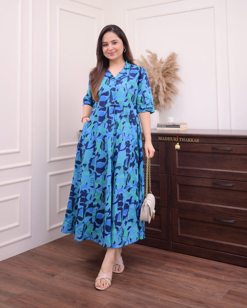 Shades of Blue Cotton A Line Dress