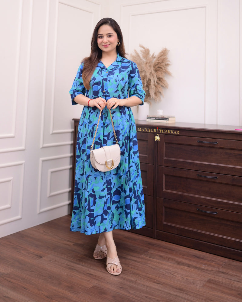 Shades of Blue Cotton A Line Dress