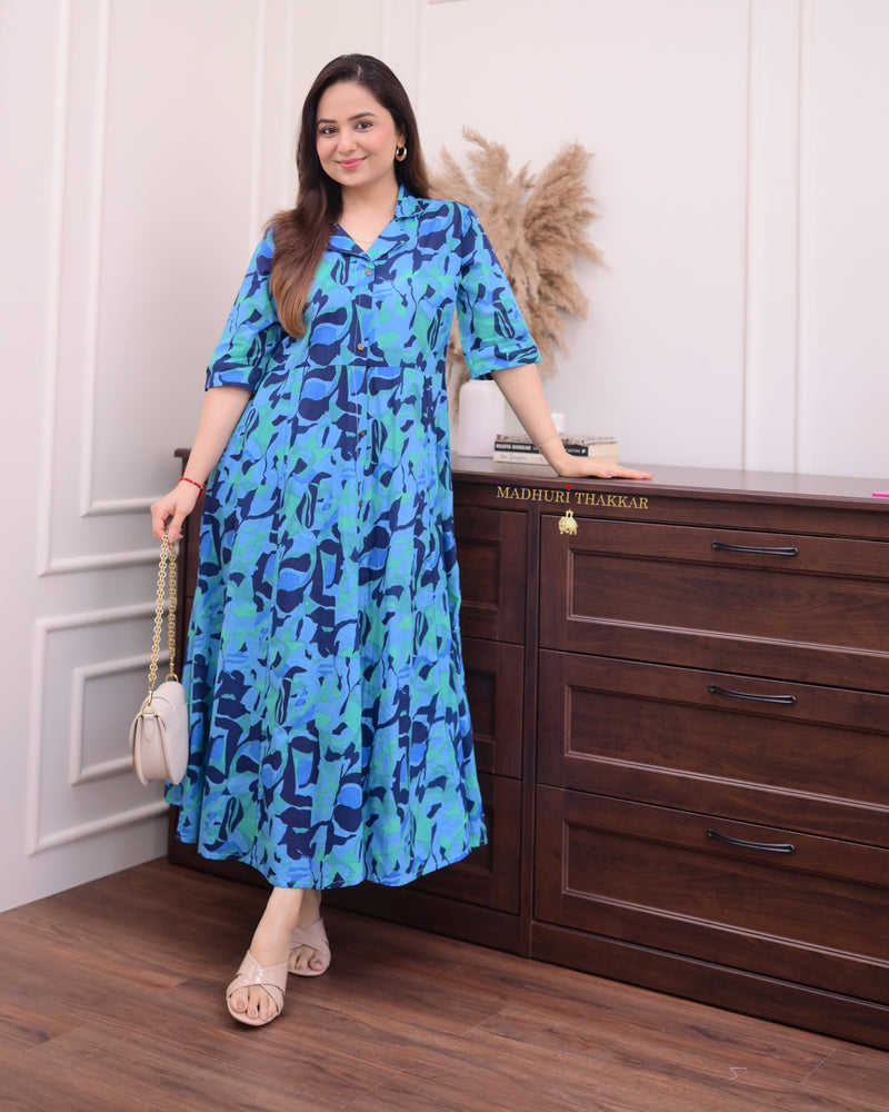 Shades of Blue Cotton A Line Dress