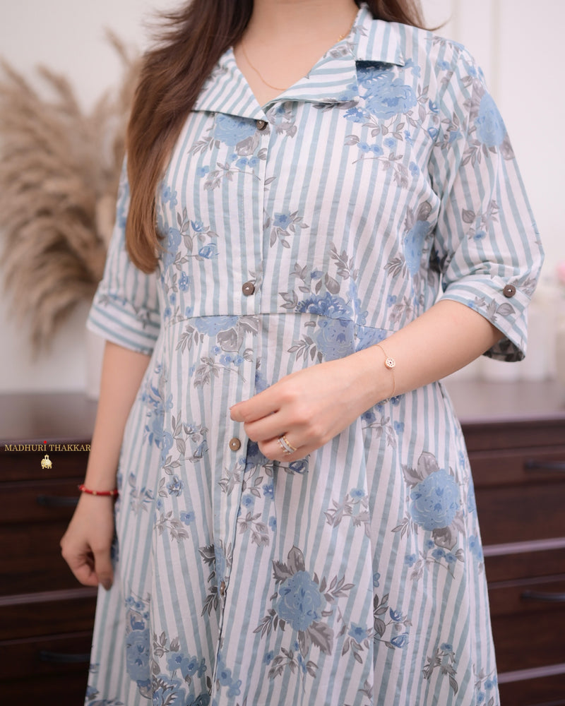 Grey Striped Floral A Line Cotton Dress