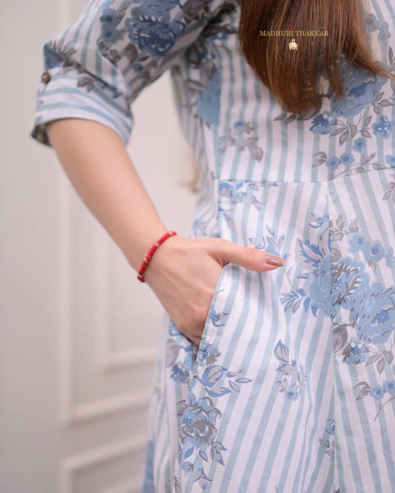 Grey Striped Floral A Line Cotton Dress