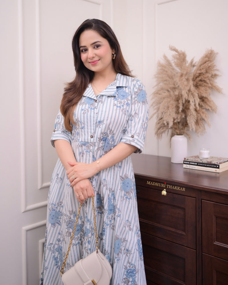 Grey Striped Floral A Line Cotton Dress