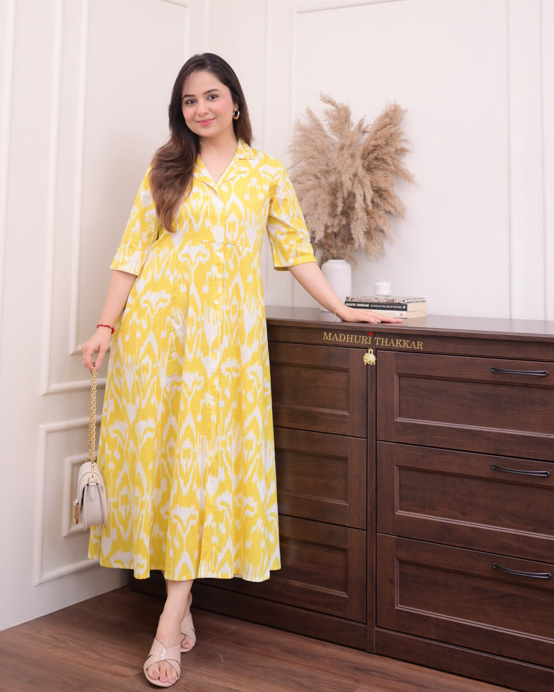 Yellow Ikat Cotton A Line Dress