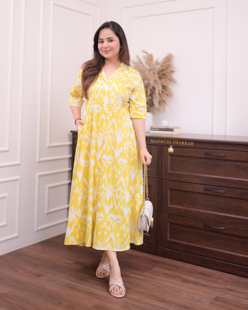 Yellow Ikat Cotton A Line Dress