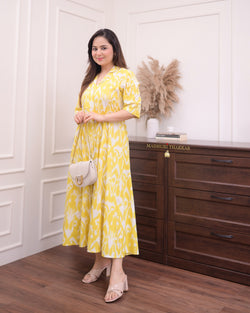 Yellow Ikat Cotton A Line Dress