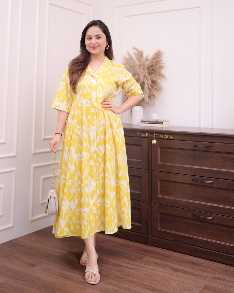 Yellow Ikat Cotton A Line Dress