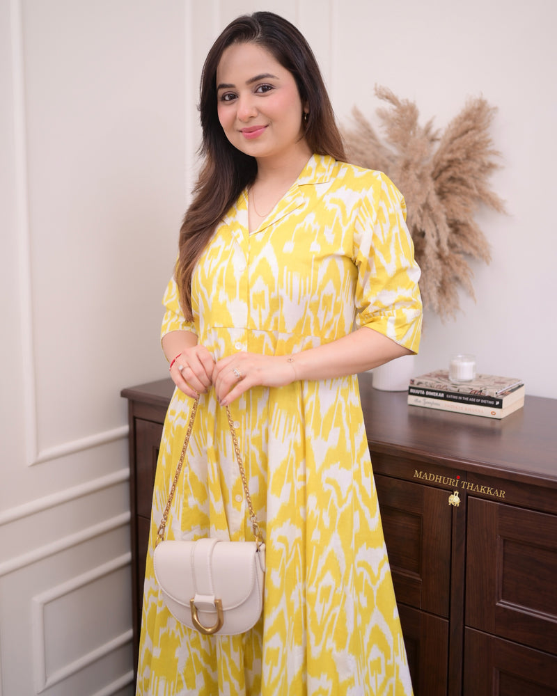 Yellow Ikat Cotton A Line Dress