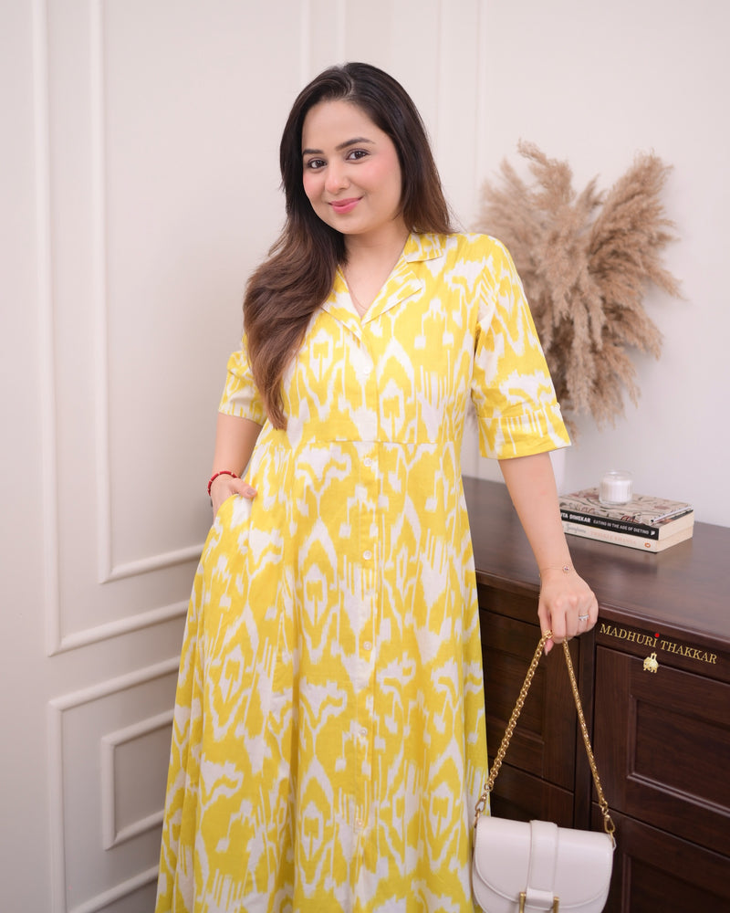 Yellow Ikat Cotton A Line Dress