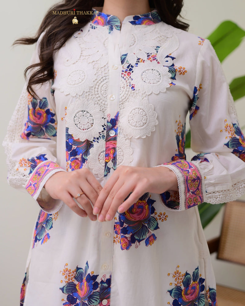 White Blue Floral Schiffli Cotton Kurta Set