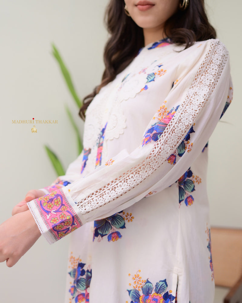 White Blue Floral Schiffli Cotton Kurta Set