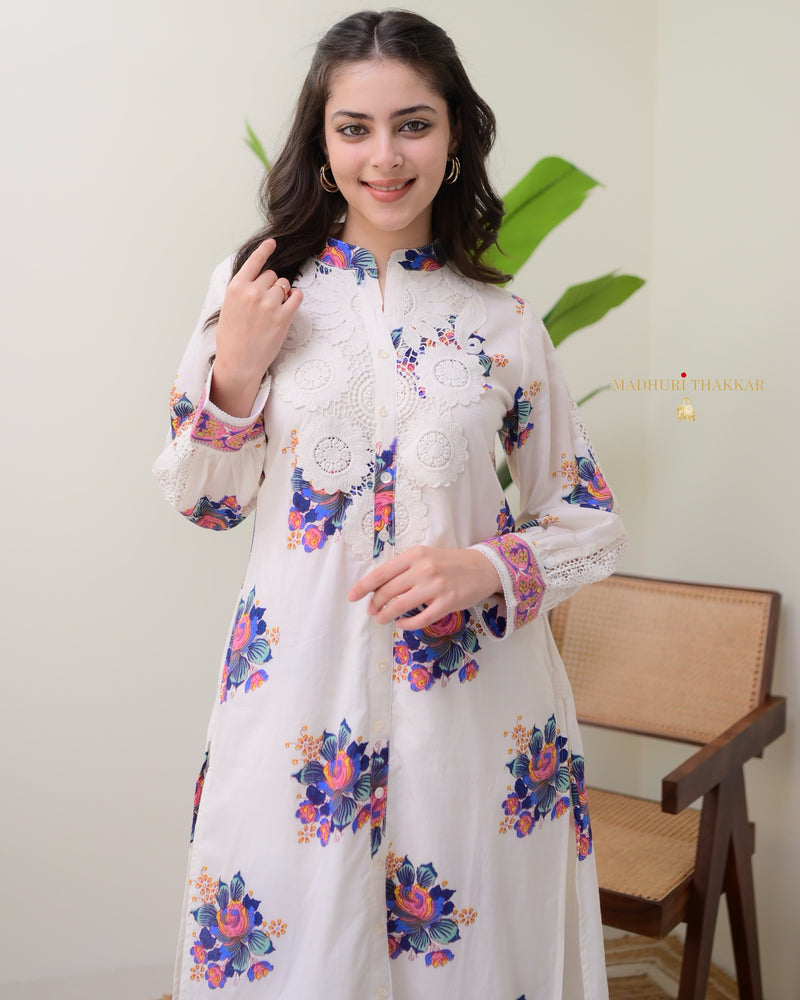 White Blue Floral Schiffli Cotton Kurta Set