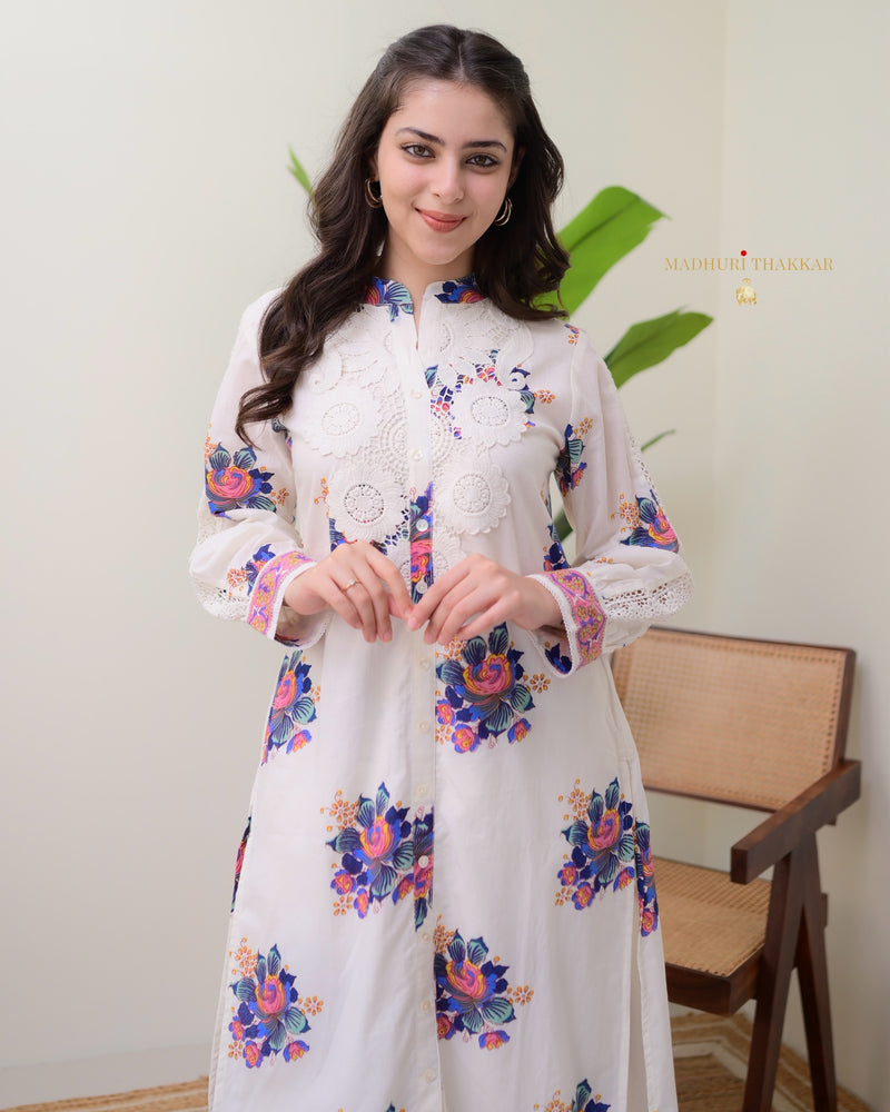 White Blue Floral Schiffli Cotton Kurta Set