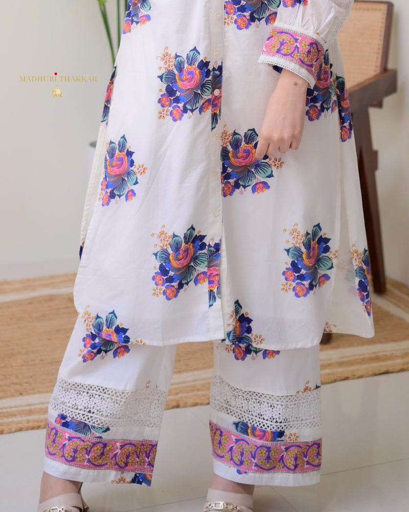 White Blue Floral Schiffli Cotton Kurta Set