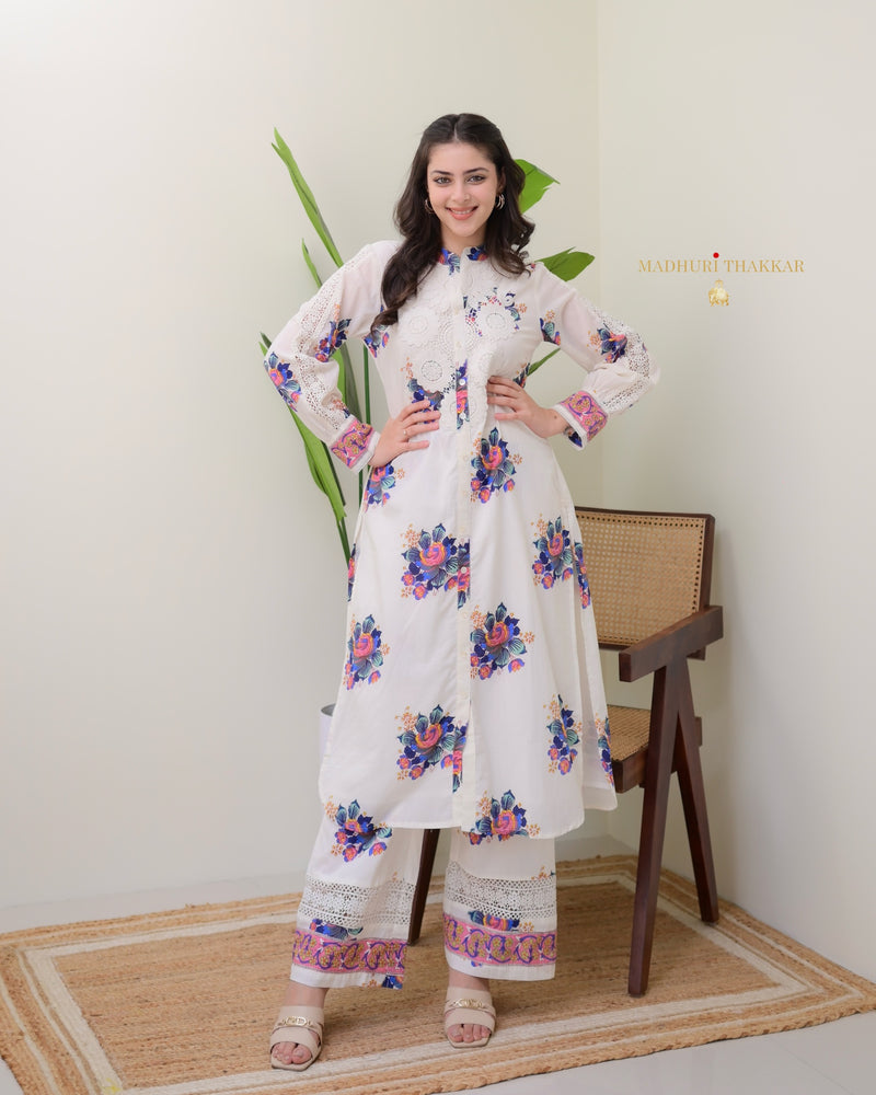 White Blue Floral Schiffli Cotton Kurta Set