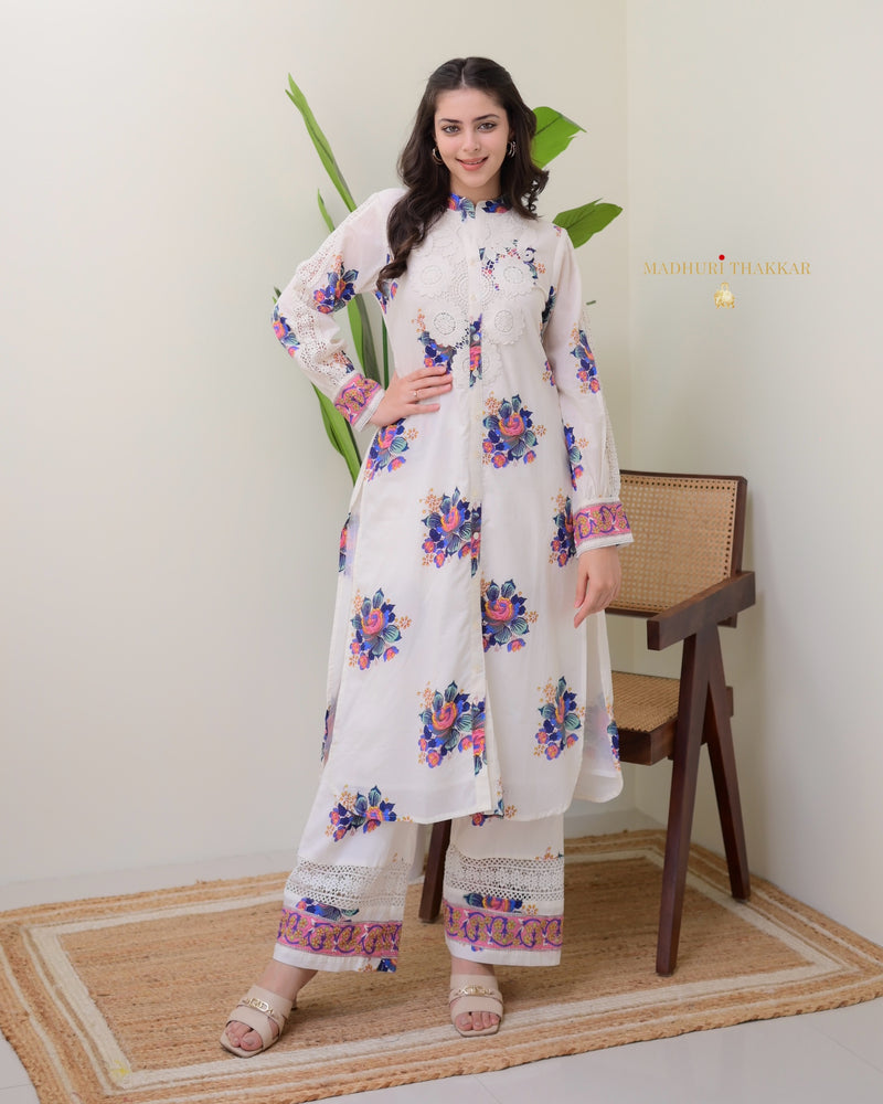 White Blue Floral Schiffli Cotton Kurta Set