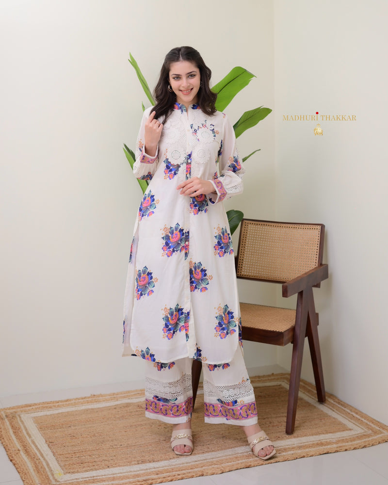 White Blue Floral Schiffli Cotton Kurta Set