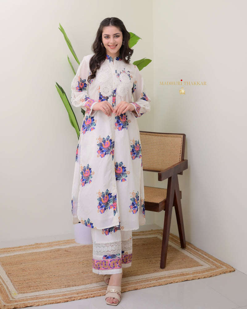 White Blue Floral Schiffli Cotton Kurta Set