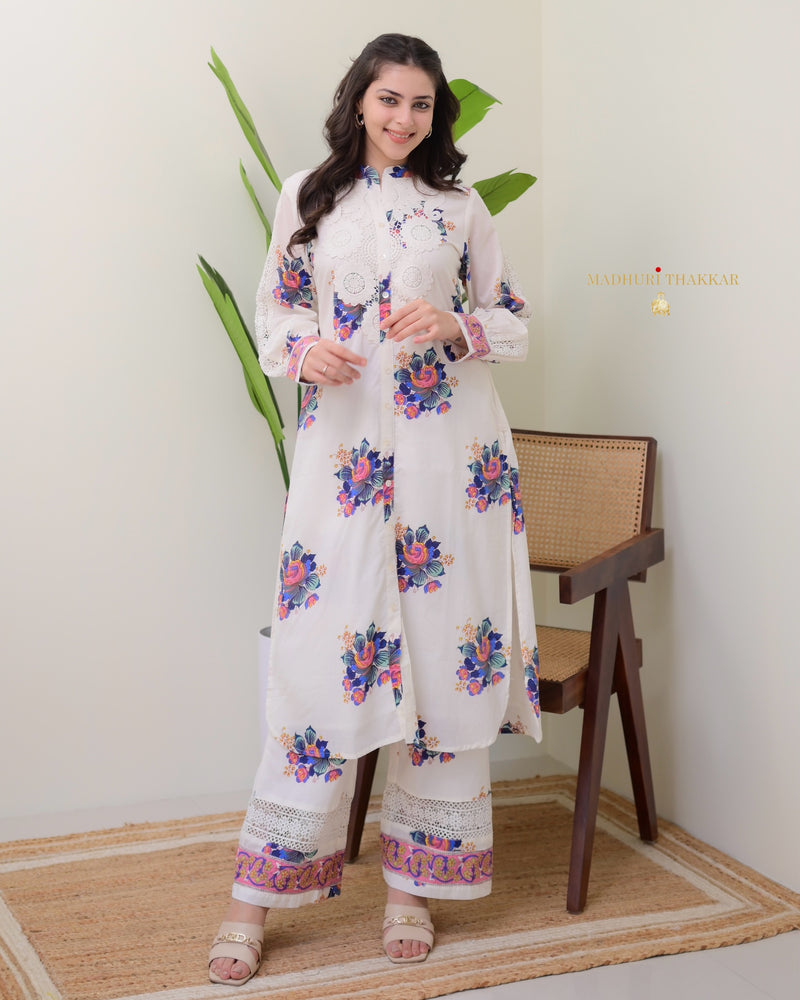 White Blue Floral Schiffli Cotton Kurta Set