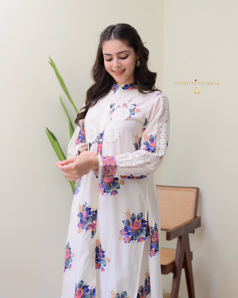 White Blue Floral Schiffli Cotton Kurta Set